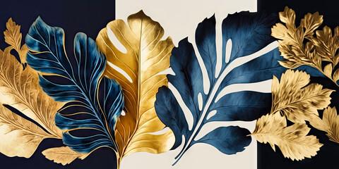 Art background with golden and blue leaves or feathers. Wallpaper or background. Generative AI