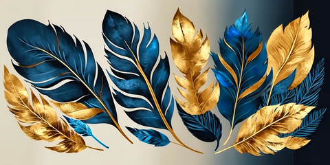 Art background with golden and blue leaves or feathers. Wallpaper or background. Generative AI