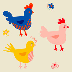 Vector cartoon chick character hen and rooster. Chicken family made in simple doodle style