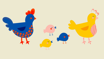 Vector cartoon chicken family in cute doodle style. 