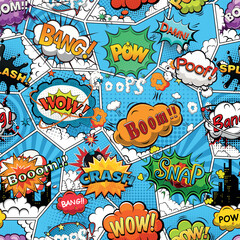 Comic book page divided by lines seamless pattern on blue background with speech bubbles. Vector illustration
