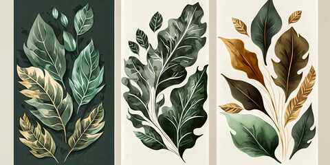 Set of abstract foliage wall art vector. Leaves organic. Wallpaper or background. Generative AI