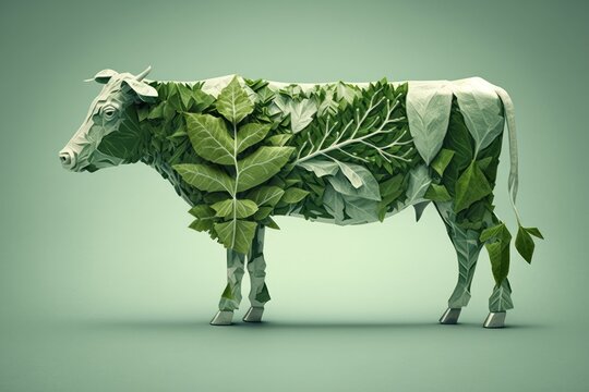 Cow made of green vegetables leafs, vegetarian concept, AI generated. Vegetarianism is the practice of abstaining from the consumption of meat.