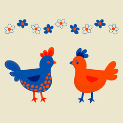 Vector cartoon chick character hen and rooster. Chicken family made in simple doodle style