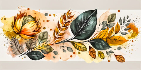 Watercolor autumn banner with roses and leaves. Wallpaper or background. Generative AI
