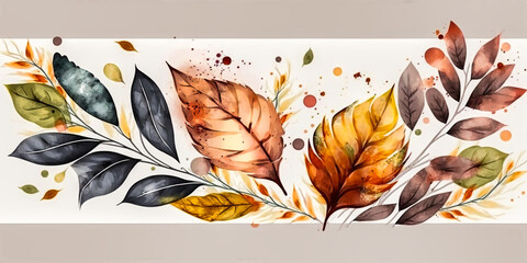 Watercolor autumn banner with roses and leaves. Wallpaper or background. Generative AI