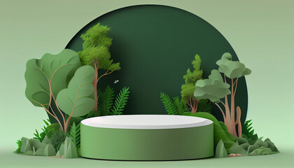 Eco product banner, podium platform, stage pedestal with green nature and tropical plant leaves, trees, 3d paper. Blank background for product advertising. Generative AI