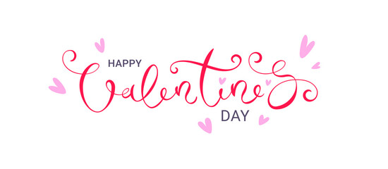 Romantic Valentines day banner with hand lettering and hearts on white background. Vector illustration.