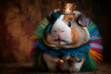 Funny guinea pig celebrates carnival in costume with party hat  - obrazy, fototapety, plakaty