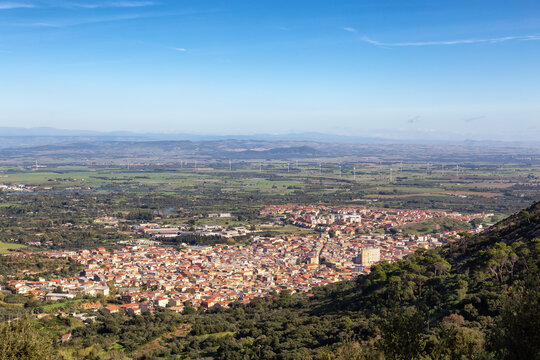 Small Town in the Countryside, Guspini, Sardinia, Italy. Sunny Fall Season Day.