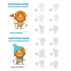 Find correct shadow matching game. Educational logic games for kids with cute lion animal. Card with task for preschool and kindergarten children cartoon vector