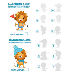 Fototapeta premium Find correct shadow matching game. Educational logic games for kids with cute lion animal. Card with task for preschool and kindergarten children cartoon vector
