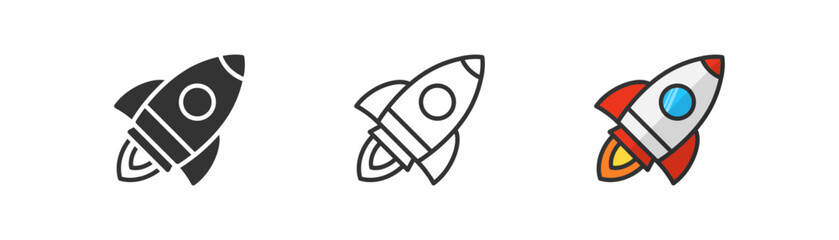 Rocket launch icon on light background. Project start up symbol. Creative idea concept. Spaceship with flame, space travel. Outline, flat, and colored style. Flat design. Vector illustration.