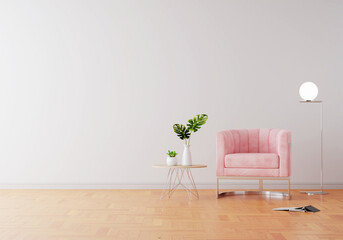 Pink sofa in white living room with free space for mock up, 3D rendering