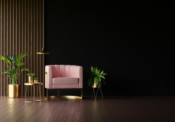 Pink sofa in black living room with copy space for mock up, 3D rendering