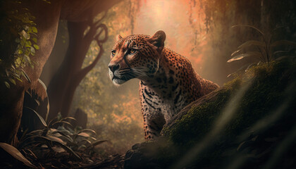 a cheetah in the middle of a tropical forest