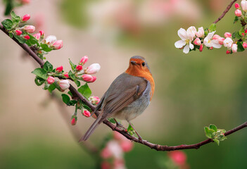 a robin bird is sitting in a sunny spring garden on a branch of an apple tree with pink flowers - obrazy, fototapety, plakaty