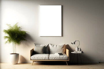 Empty picture frame mockup with sofa, pillows and indoor plants, blank indoor photo frame mockup, generative ai