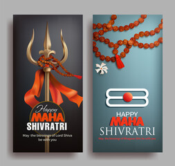 Vertical banners for Maha Shivratri, a Hindu festival celebrated of Lord Shiva. Greeting cards with trishul (trident), Shiva tilaka (tripundra) and Rudraksha (beads). Vector set.
