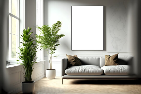 long Verticle empty frame picture mockup with indoor plants and sofa, blank indoor photo frame, generative ai
