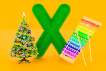 Fluffy letter X with xylophone, X-mas tree. Kids ABC, 3D rendering