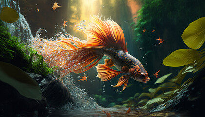 illustration of betta fish swimming in a tropical forest nature pond.Generate AI