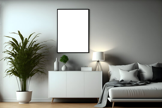 Verticle empty frame picture mockup with indoor plants and sofa, blank indoor photo frame, generative ai