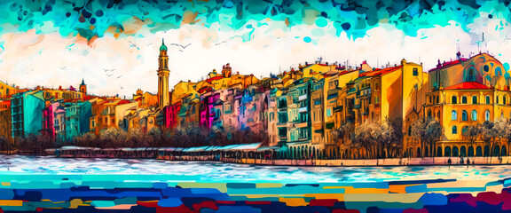 Generative AIIsolated panorama of a colorful city near the sea. Cityscape oil painting. Art to print. Generative AI