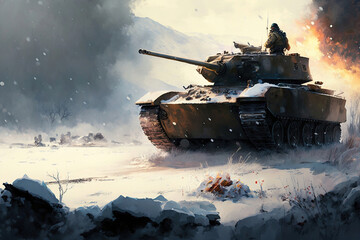 Main battle tank on the battlefield in winter, war zone, Generative AI