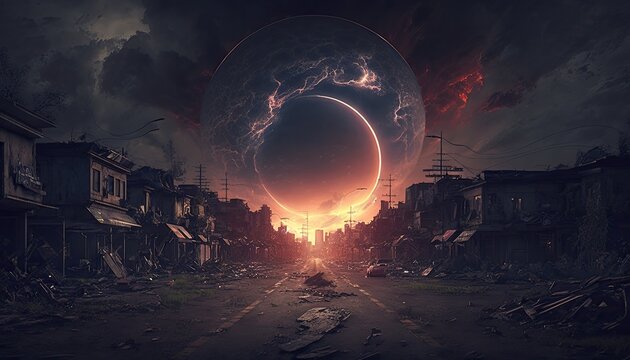 Famous building that collapsed and was in surrel ruins, the end of the world, dramatic galaxy overhead