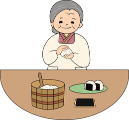 おにぎりを握るおばあちゃん（主線あり）