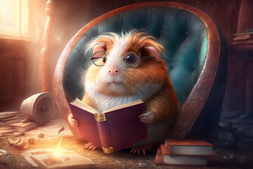 Cunning guinea pig sits in a leather armchair and reads a book with glasses  - obrazy, fototapety, plakaty