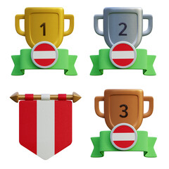 3d render, transparent game asset, pennant with national flag of Peru winner podium