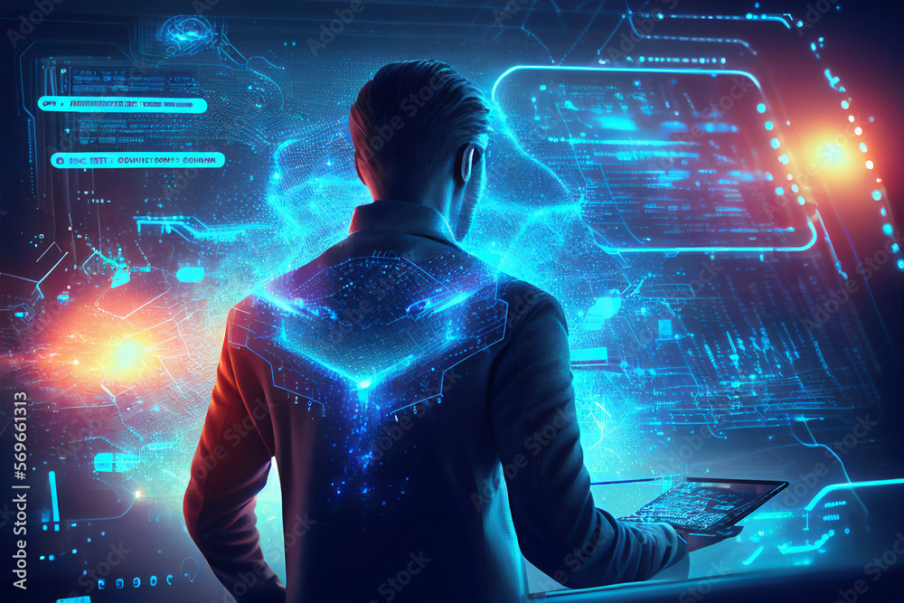 Wall mural male technician standing facing a virtual environment with big data and an artificial intelligence c