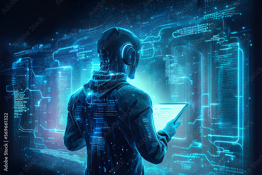 Wall mural male technician standing facing a virtual environment with big data and an artificial intelligence c