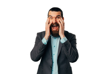 Ecstatic surprised bearded man is looking at the camera and touching his face over white background.
