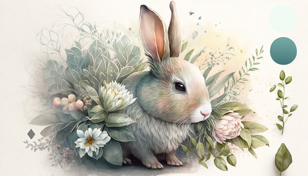 easter bunny with easter eggs in watercolor floral background. Generate AI