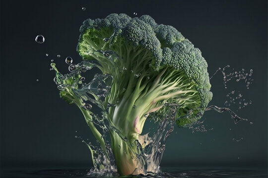 Broccoli splashed or thrown in water. Water splash fresh fruit creative concept idea. Ai generated