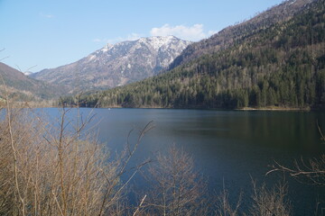 Wonderful lake lunz in lower austria on a sunny winter day. view to mountain scheiblingstein