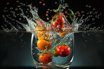 Fototapeta na wymiar tomatoes splashed or thrown in water. Water splash fresh fruit creative concept idea. Ai generated