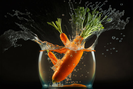Carrot splashed or thrown in water. Water splash fresh fruit creative concept idea. Ai generated