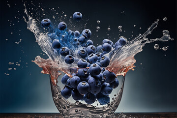 Fototapeta na wymiar Blueberries splashed or thrown in water. Water splash fresh fruit creative concept idea. Ai generated