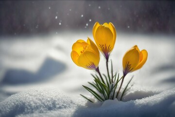 Early spring: beautiful yellow crocus flowers growing through the snow. AI