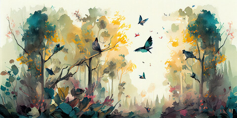 Obraz na płótnie Canvas Digital watercolor painting of a forest landscape with birds, butterflies and trees, in bright colors, Generative AI