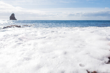 Beautiful ocean view with white wave in Madeira island, Funchal