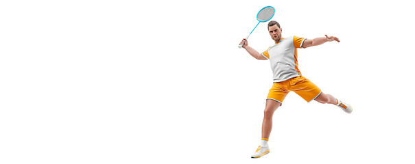 Fototapeta na wymiar Realistic silhouette of a badminton player on white background. The badminton player man hits the shuttlecock.
