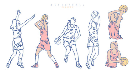 Set vector basketball players, silhouettes. Sketches of girls. Women's sport.