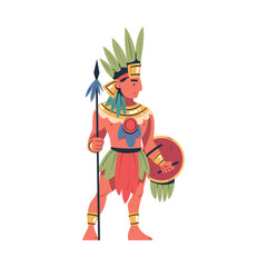 Maya male warrior in traditional costume and feather headdress standing with spear and shield cartoon vector illustration