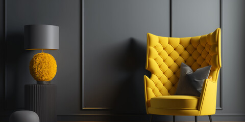 Living Room Interior with Yellow Armchair and Beautiful Lamp beside with Dark Background with Generative AI
