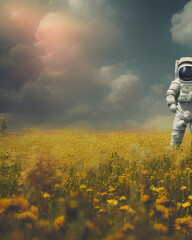 Fototapeta na wymiar Astronaut stands in a field of flowers with a beautiful background for the sky with dense clouds. Generative AI.